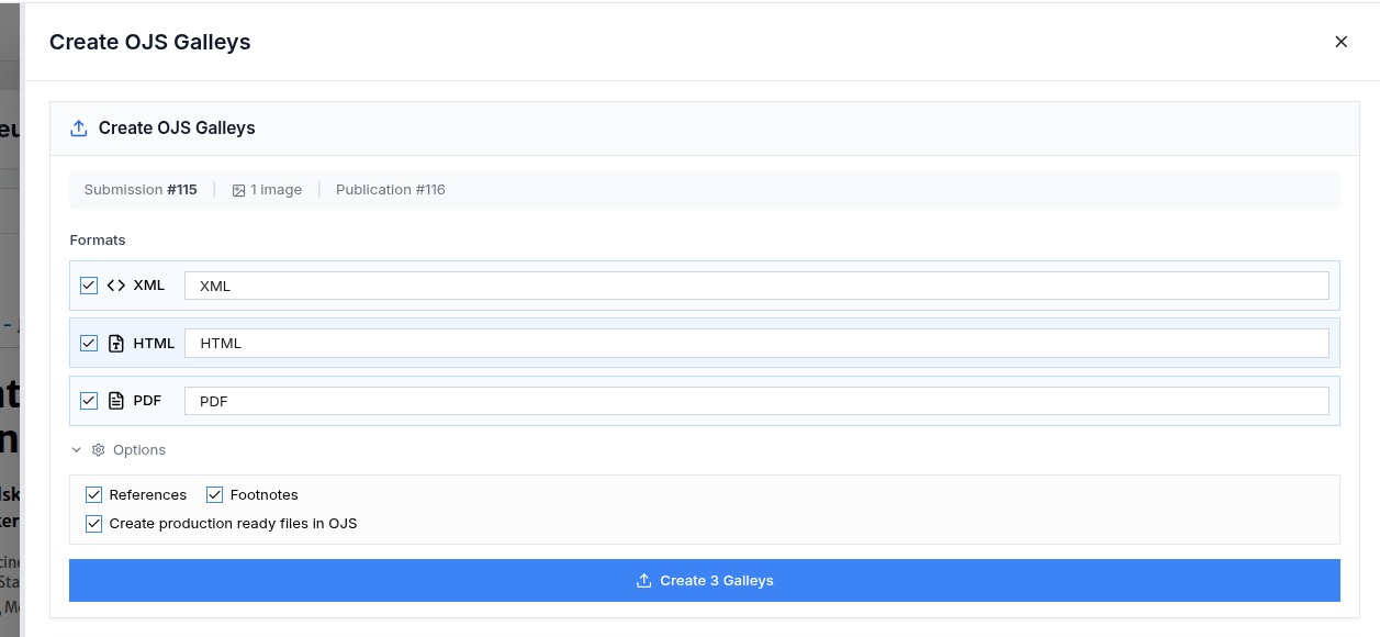 pubReady Create OJS Galleys dialog generating XML, HTML, and PDF production files with one click
