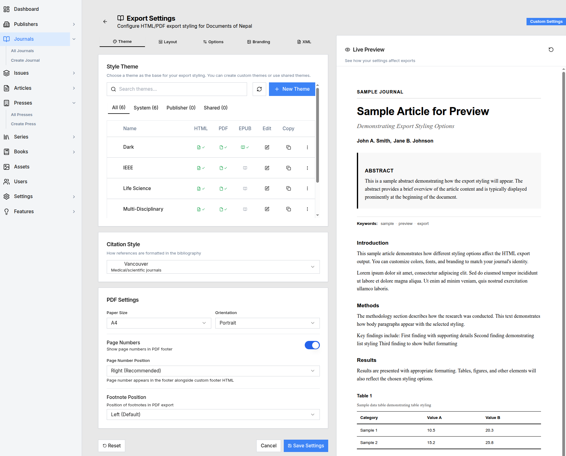 pubReady export settings screen with theme selection and live PDF preview
