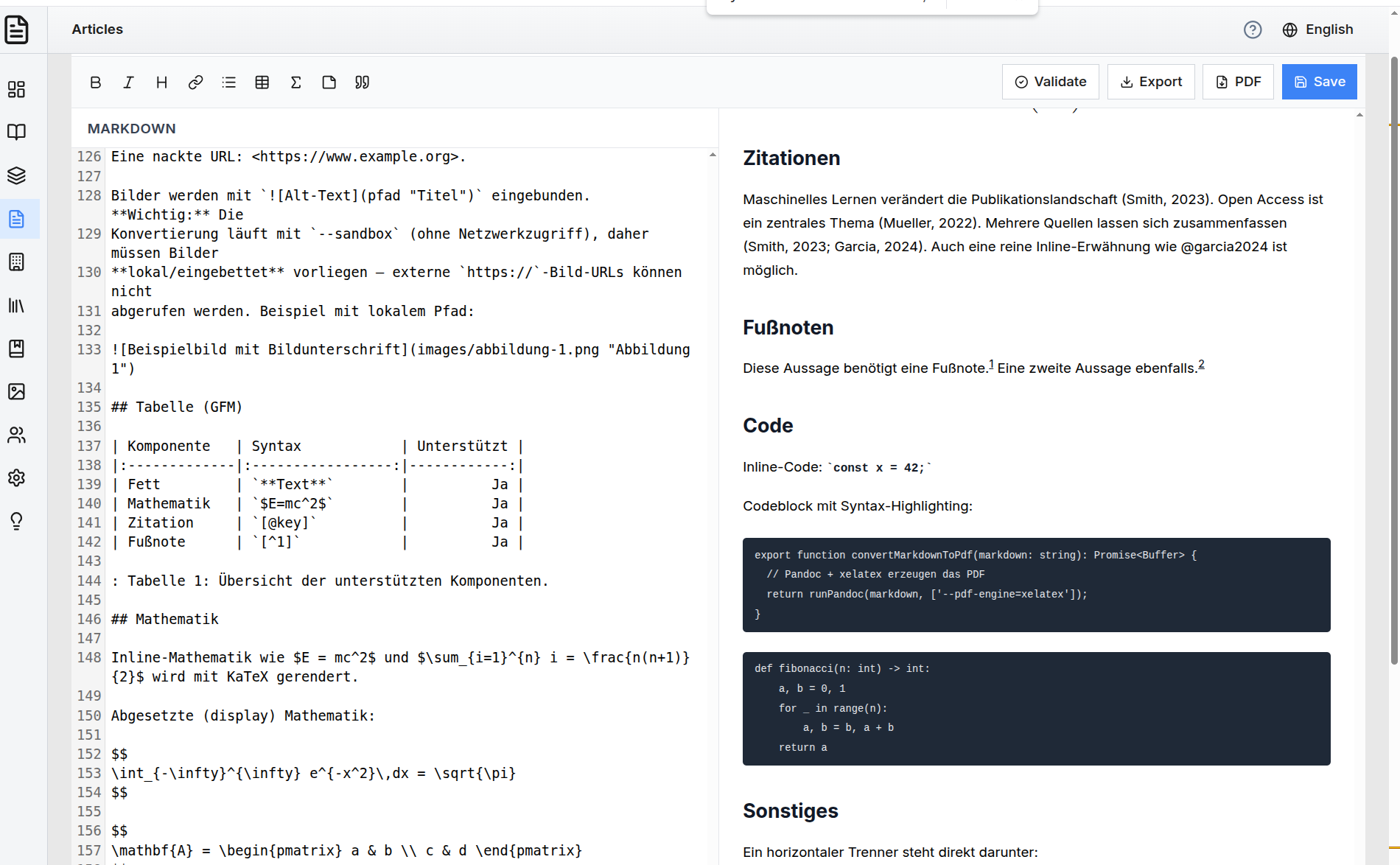 pubReady Markdown editor with live preview rendering tables, math, citations, footnotes, and syntax-highlighted code