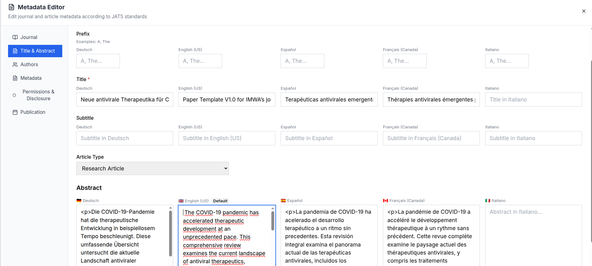 pubReady metadata editor with multilingual title, subtitle, and abstract fields aligned to JATS standards