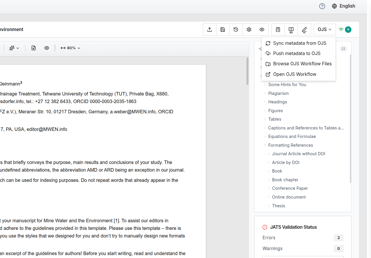 pubReady OJS integration menu with sync metadata, push to OJS, browse workflow files, and JATS validation status
