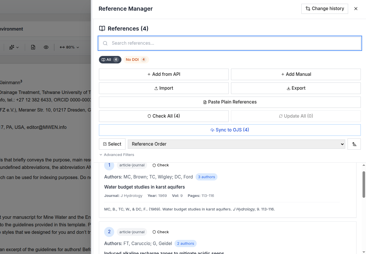 pubReady reference manager with search, import, export, and OJS sync for managing bibliography entries