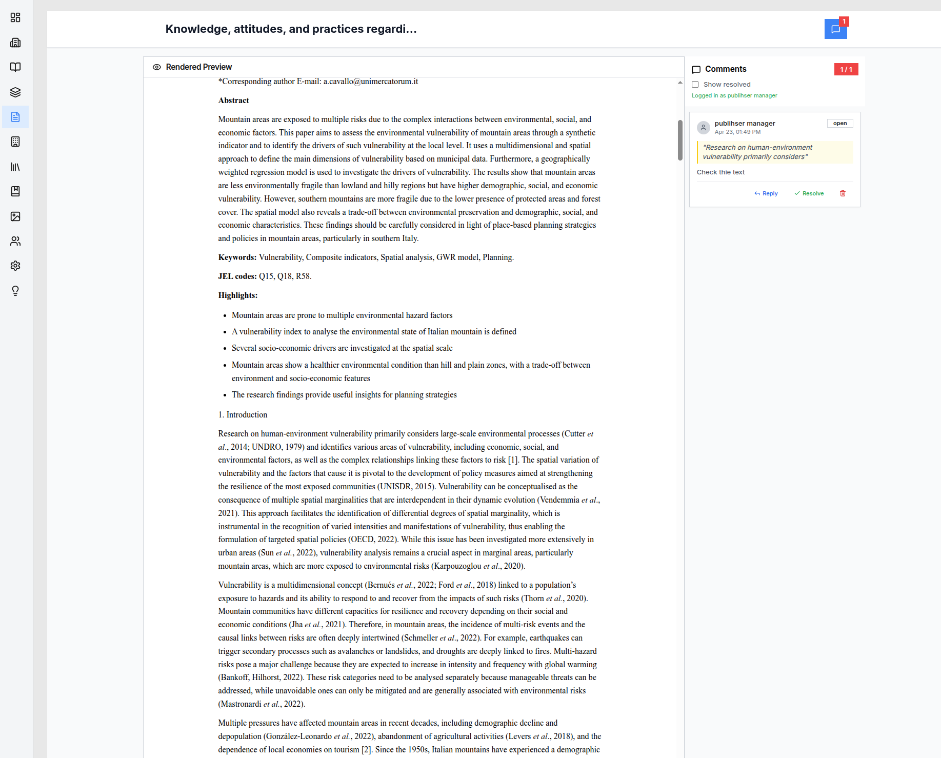 pubReady rendered article preview with inline editorial comments and resolve workflow